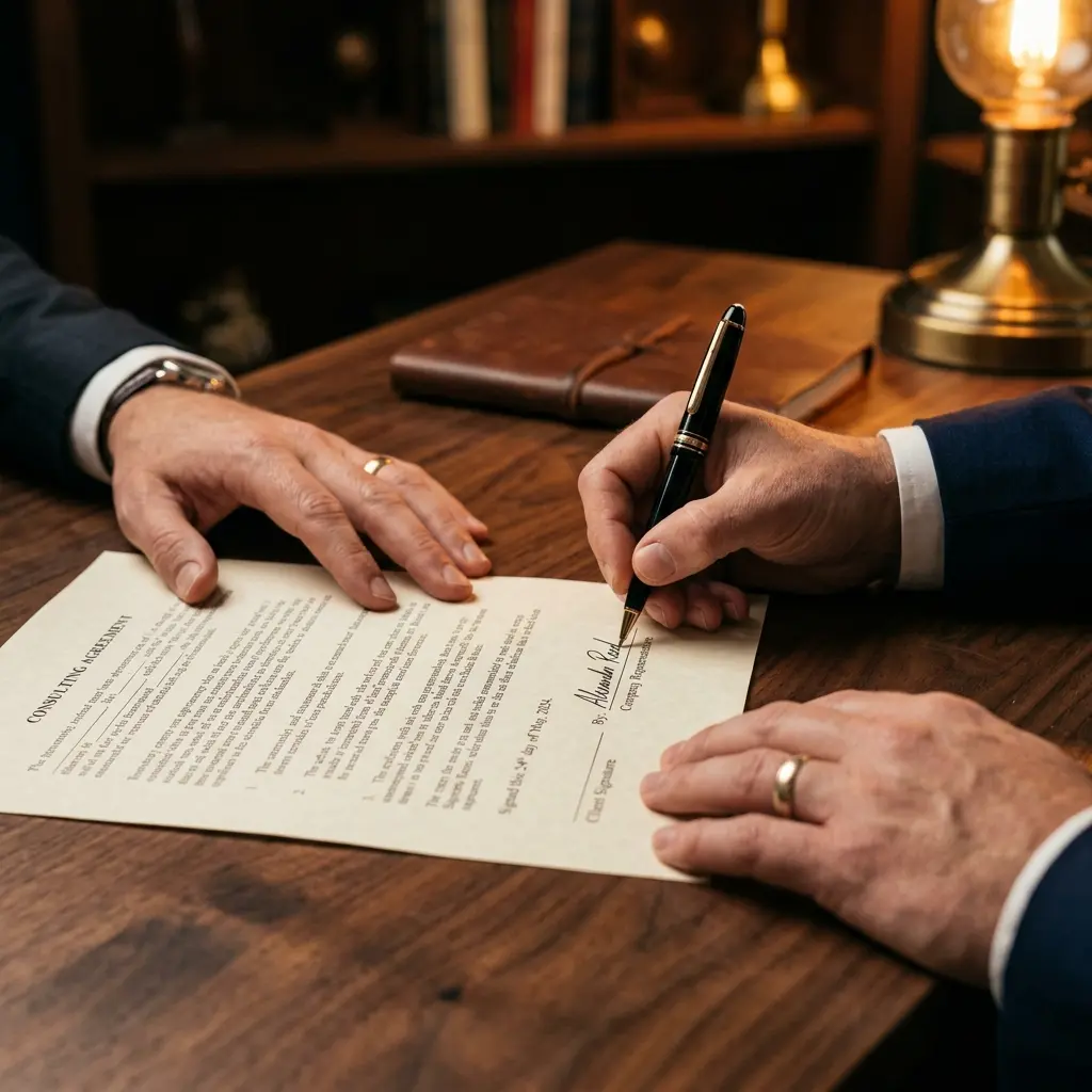 Contract being signed — two hands over a consulting agreement on a wooden desk